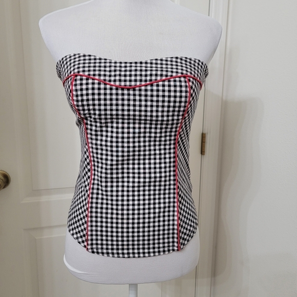 Y2K Coquette Corset Top, Black White Gingham Checkered with Red Piping Accent - Picture 1 of 9